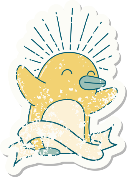 Dövme stili eski bir çıkartma. Bir insan tarafından çizilmiş mutlu penguen.