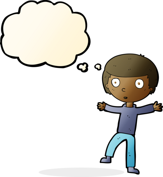 Bir insan tarafından çizilmiş düşünce baloncuğu ile ürkmüş bir çocuk.