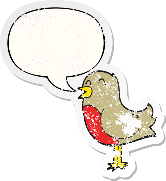 Konuşma baloncuğu olan çizgi film kuşu, bir insan tarafından çizilmiş sıkıntılı eski bir çıkartma.