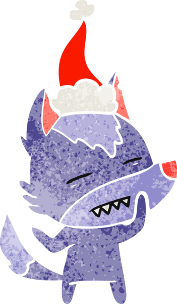 Bir insanın çizdiği Noel Baba şapkasını takan bir kurdun el çizimi karikatürü.