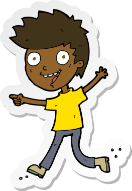 Bir çizgi film çıkartması. Bir insan tarafından çizilmiş heyecanlı bir çocuk.