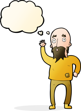 Karikatür sakallı adam bir insan tarafından çizilmiş düşünce balonuyla el sallıyor.