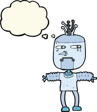 Bir insan tarafından çizilmiş düşünce baloncuklu çizgi film robotu