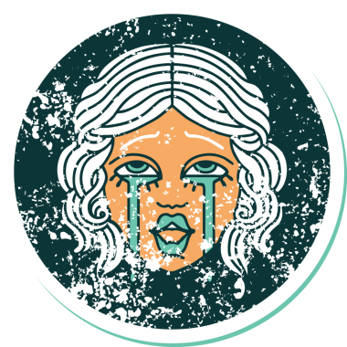 Bir insan tarafından çizilmiş çok mutlu, ağlayan bir kadın yüzünün sembolik, kederli dövme tarzı görüntüsü.