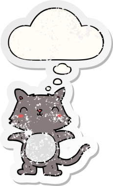 Düşünce baloncuğu olan çizgi film kedisi insan tarafından çizilmiş yıpranmış bir çıkartma.