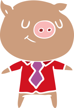 Mutlu düz renkli çizgi film. Akıllı domuz insan tarafından çizilmiş.