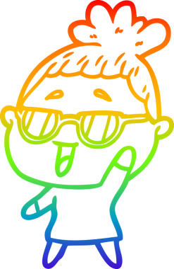 Bir insan tarafından çizilmiş gözlük takan mutlu bir kadının çizgi çizimi.