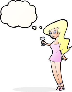 Bir insan tarafından çizilmiş düşünce baloncuğuyla partideki karikatür kadın.