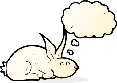 Bir insan tarafından çizilmiş düşünce kabarcığı olan çizgi film tavşanı.