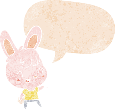 Konuşma baloncuğu olan çizgi film tavşanı bir insan tarafından çizilmiş dertli retro tarzı