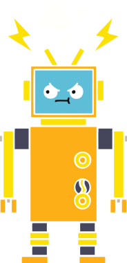 Bir insan tarafından çizilmiş arızalı bir robotun düz renk retro karikatürü