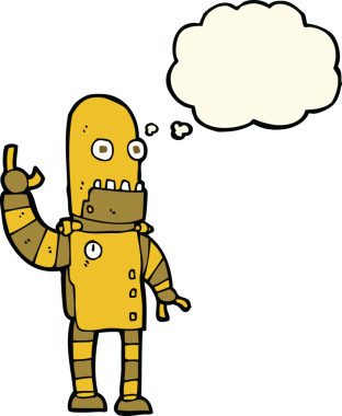 Bir insan tarafından çizilmiş düşünce balonlu altın robotu sallayan çizgi film.