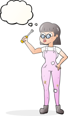 Bir insan tarafından çizilmiş serbest çizim balon karikatür kadın tamirci.