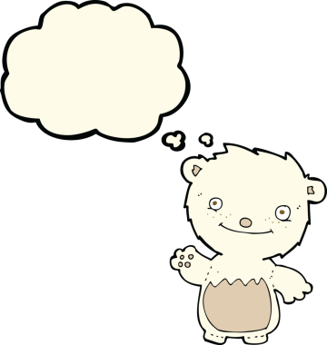 Bir insan tarafından çizilmiş düşünce baloncuğu ile kutup ayısı yavrusu sallayan çizgi film