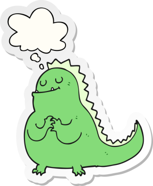 Düşünce baloncuklu çizgi film dinozoru insan tarafından çizilmiş bir çıkartma.