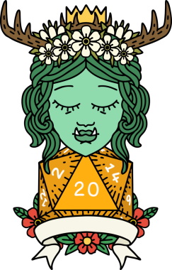 Retro Dövme Biçimli Ork karakteri bir insan tarafından çizilmiş 20 zar ile