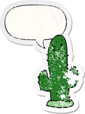 Konuşma baloncuğu olan çizgi film kaktüsü bir insan tarafından çizilmiş sıkıntılı eski bir çıkartma.