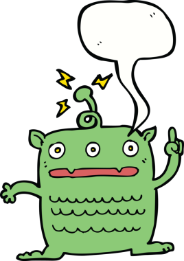 Bir insan tarafından çizilmiş garip, konuşma balonu olan küçük bir uzaylı çizgi filmi.