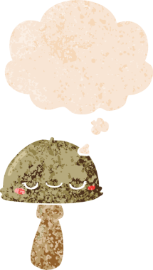 Düşünce baloncuklu çizgi film mantarı grunge sıkıntılı retro desen bir insan tarafından çizilmiş