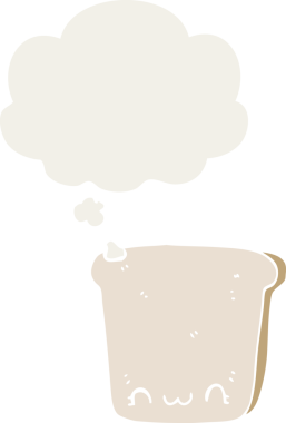 bir insan tarafından çizilmiş, düşünce baloncuklu bir ekmek dilimi.