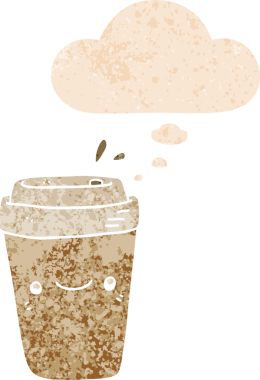 Düşünce baloncuklu karikatür kahve bir insan tarafından çizilmiş dertli retro desenli