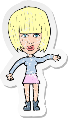 Bir insan tarafından el sallanan karikatürlü bir kadının gerilmiş çıkartması.