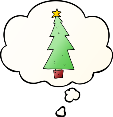 Düşünce baloncuğu bir insan tarafından çizilmiş olan çizgi film noel ağacı.