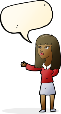 Bir insan tarafından çizilmiş konuşma baloncuğu olan bir şey göstermek isteyen bir karikatür kadını.