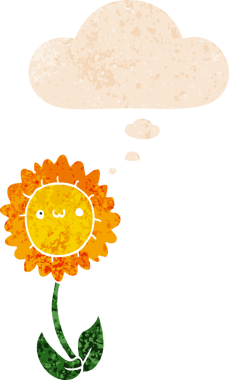 Düşünce baloncuğu ve grunge desenli karikatür çiçeği bir insan tarafından çizilmiş.