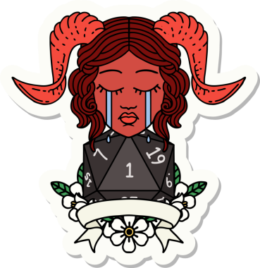 Ağlayan kravat iğneli bir yüz ve bir insan tarafından çizilmiş doğal bir d20.