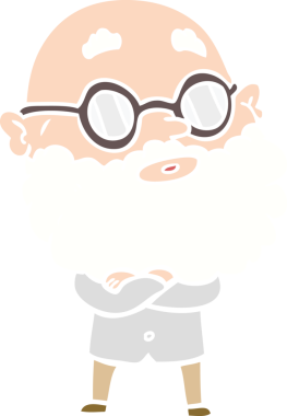 Düz renkli çizgi film meraklısı sakallı ve gözlüklü bir insan tarafından çizilmiş.