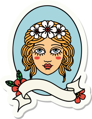 Bir insan tarafından çizilmiş saçlarında çiçekler olan bir bakirenin bayrağıyla dövme stili çıkartması.