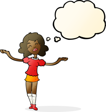 Bir insan tarafından çizilen düşünce baloncuğuyla övgü alan çizgi film kadını.