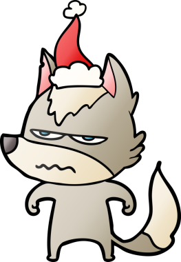 Bir insan tarafından çizilmiş Noel Baba şapkası giymiş kızgın bir kurdun el çizimi karikatürü.