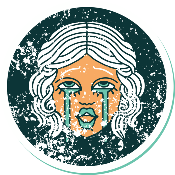 Bir insan tarafından çizilmiş çok mutlu, ağlayan bir kadın yüzünün sembolik, kederli dövme tarzı görüntüsü.