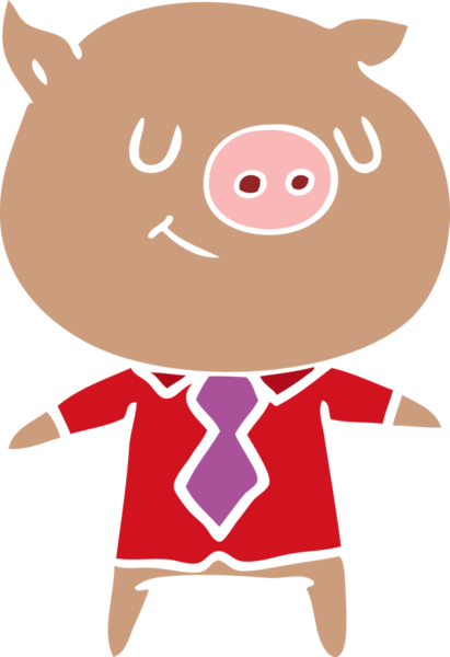 Mutlu düz renkli çizgi film. Akıllı domuz insan tarafından çizilmiş.