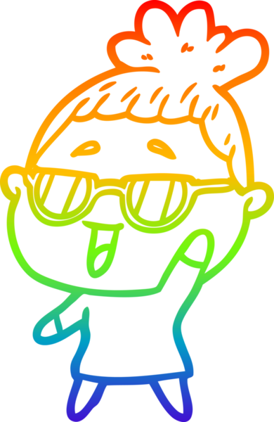 Bir insan tarafından çizilmiş gözlük takan mutlu bir kadının çizgi çizimi.