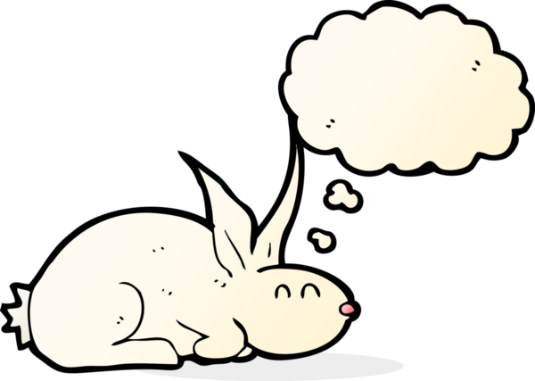 Bir insan tarafından çizilmiş düşünce kabarcığı olan çizgi film tavşanı.