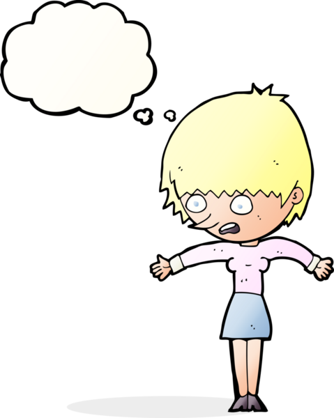 Bir insan tarafından çizilen düşünce baloncuğuyla panikleyen çizgi film kadını.