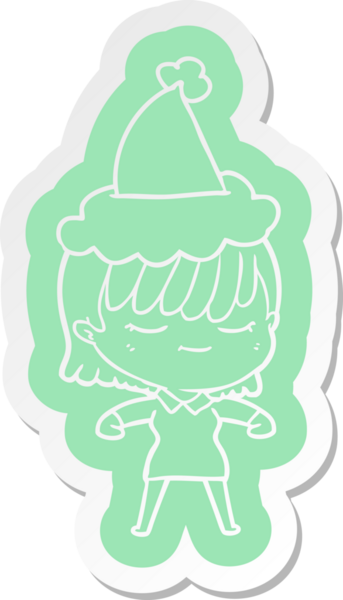 Bir insan tarafından çizilmiş Noel Baba şapkası giyen bir kadının garip çizgi film etiketi.