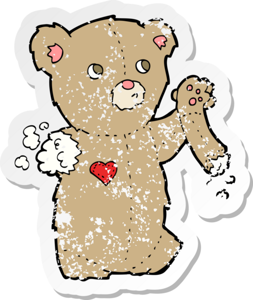 Bir insan tarafından çizilmiş yırtık kollu çizgi film oyuncak ayısının gerilimli çıkartması.