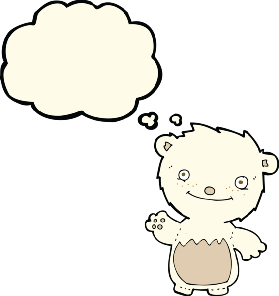 Bir insan tarafından çizilmiş düşünce baloncuğu ile kutup ayısı yavrusu sallayan çizgi film