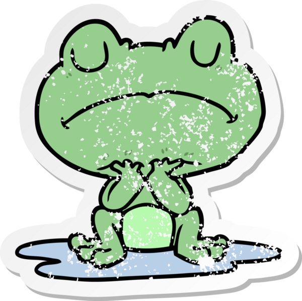 Bir insan tarafından çizilmiş su birikintisindeki karikatür kurbağasının sıkıntılı çıkartması.