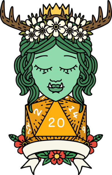 Retro Dövme Biçimli Ork karakteri bir insan tarafından çizilmiş 20 zar ile