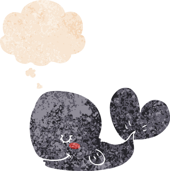 Düşünce baloncuklu çizgi film balinası grunge sıkıntılı retro dokulu bir insan tarafından çizilmiş