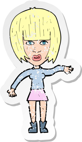 Bir insan tarafından el sallanan karikatürlü bir kadının gerilmiş çıkartması.