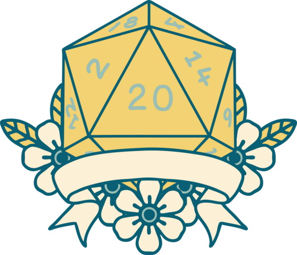 Retro Dövme Biçimi Doğal 20 kritik vuruş D20 zar bir insan tarafından çizildi