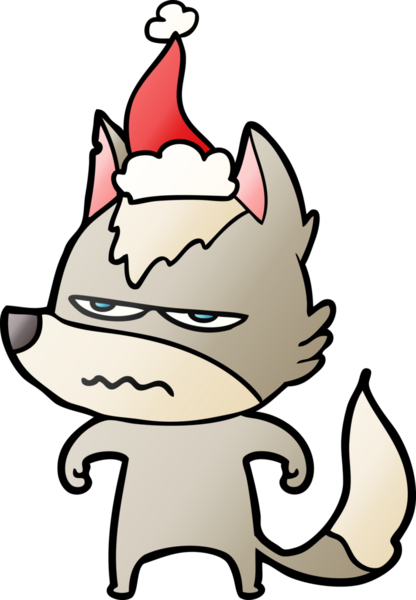 Bir insan tarafından çizilmiş Noel Baba şapkası giymiş kızgın bir kurdun el çizimi karikatürü.