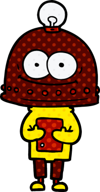 Bir insan tarafından çizilmiş ampullü mutlu karton robot.