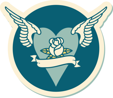 Geleneksel bir dövme stili. Uçan kalp. Çiçekler ve bir insan tarafından çizilmiş bayrak.